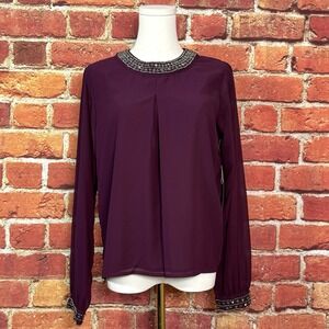 Ariat Embellished Maroon Round Neck Chiffon Long Sleeve Shirt Women's Size Small